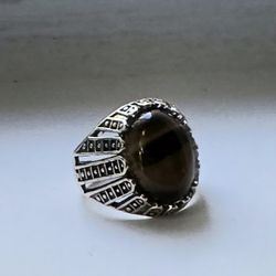 BEZEL SET POLISHED TIGER EYE TITANIUM QUALITY SILVER MENS NEW SIZE 10  RING