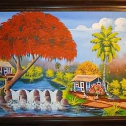 Pintura de paisaje RD  campestre en Canvas hecho a mano/Hand Painted D.R. country scenery on Canvas