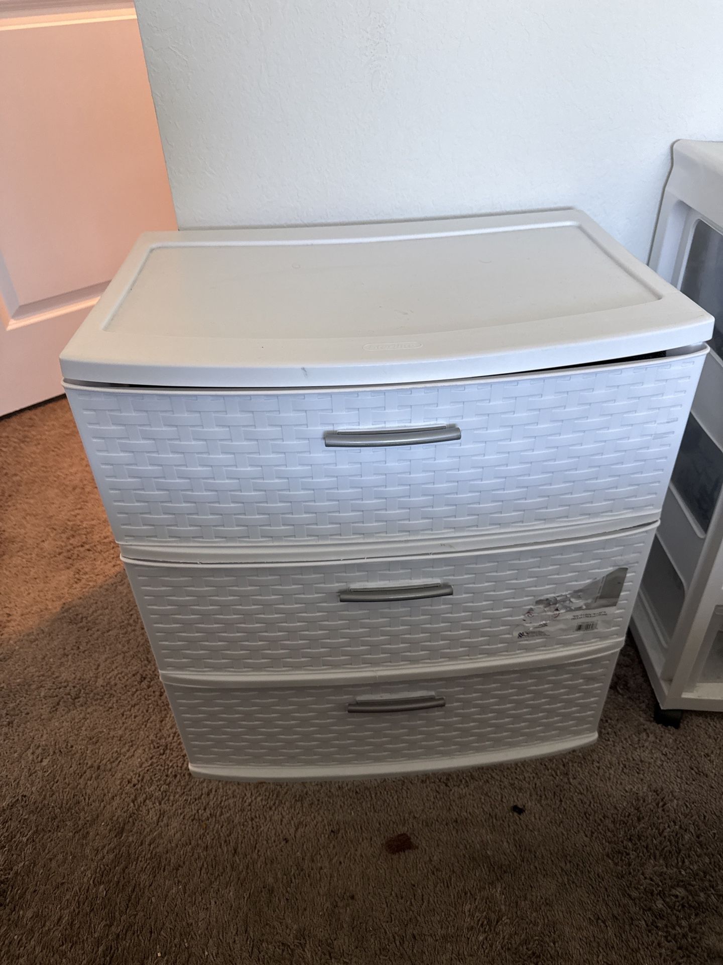 White Plastic Storage Drawer Set, 3-Drawer Unit and 4-Drawer Tower