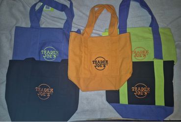 Trader Joe's Mini Canvas Tote Bag Set — 5 Bags, All Different 🧡🖤💜💚🤍