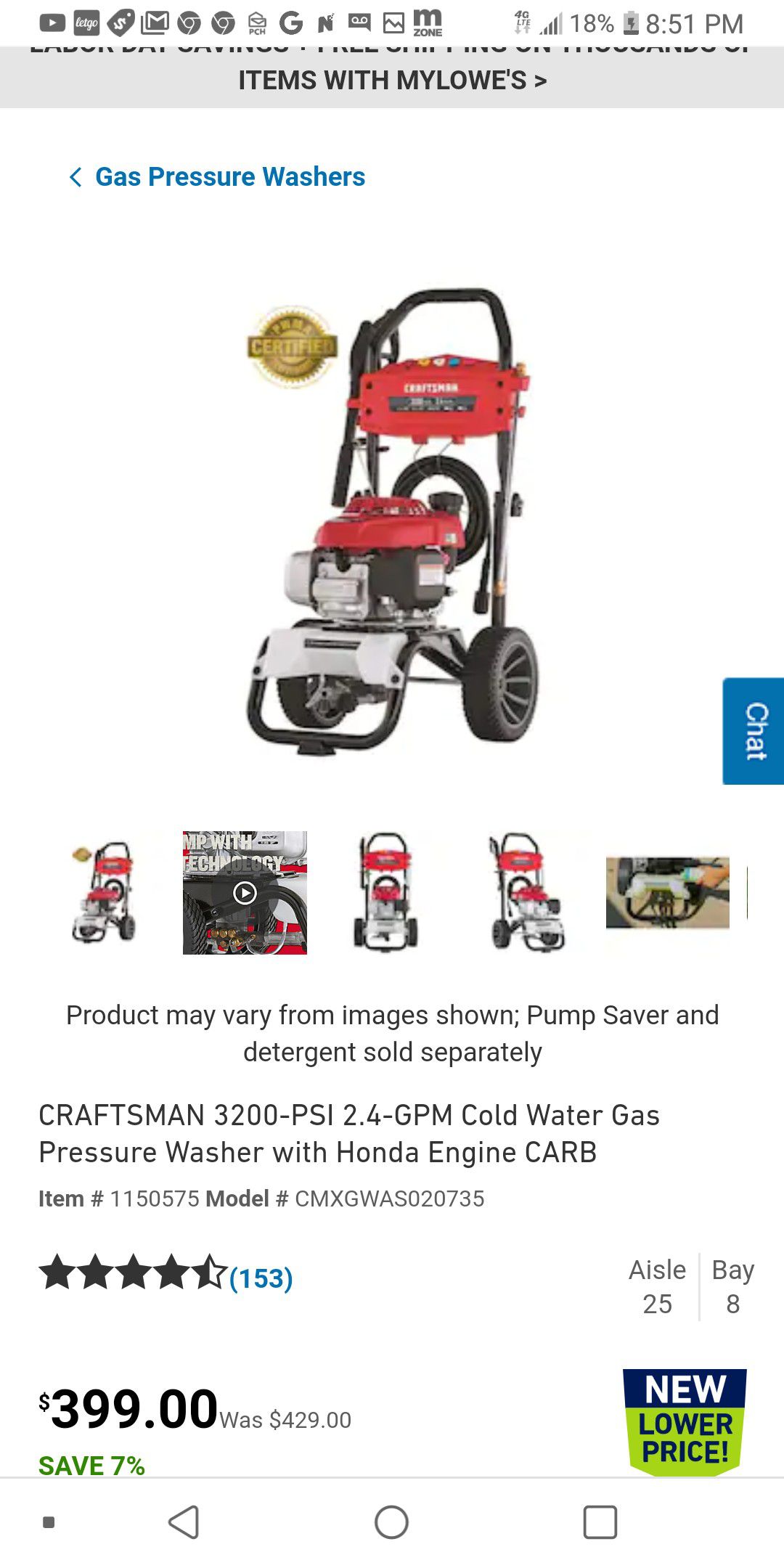 Brand new Craftman 3200 psi pressure washer