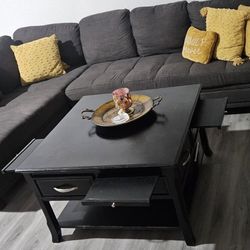DARK  Grey Sectional and Espresso Wood Coffee Table