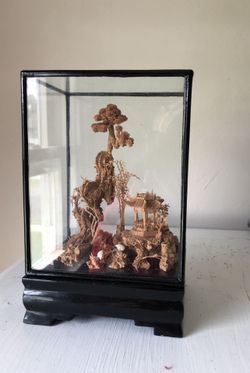 Vintage Asian Cork Carving in Glass Box - Oriental Chinese Art Sculpture Handmade Unique