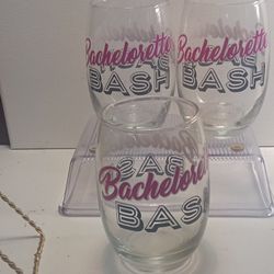 Stemless Wine Glasses Set of 3 Clear Decorated Pink/Black Bachelorette Bash fun