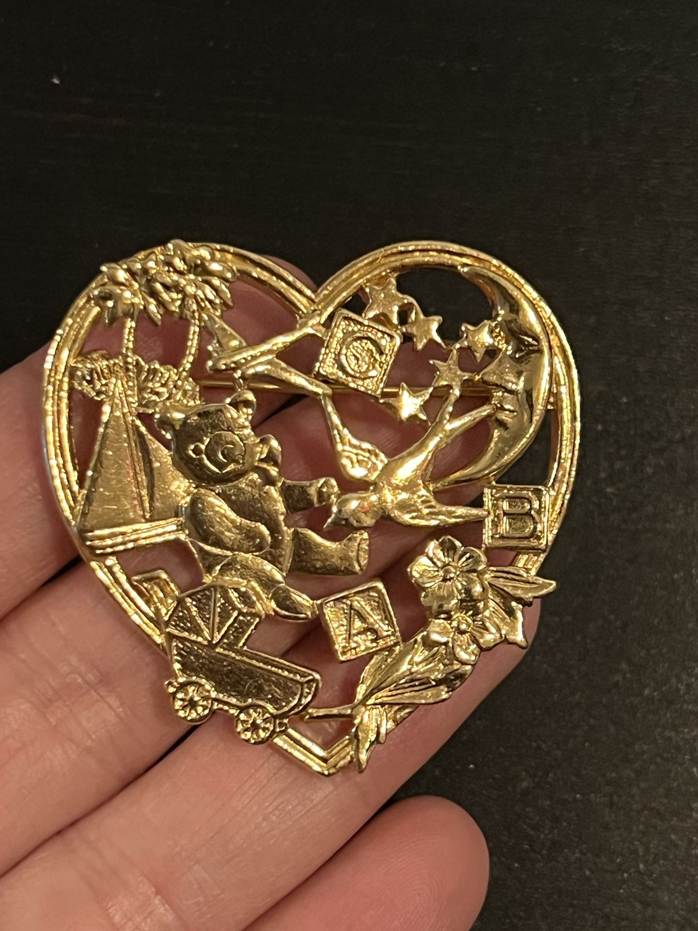 Vintage Avon Children's ABC Heart Pin Brooch Gold Tone Brooch Toys Teddy
