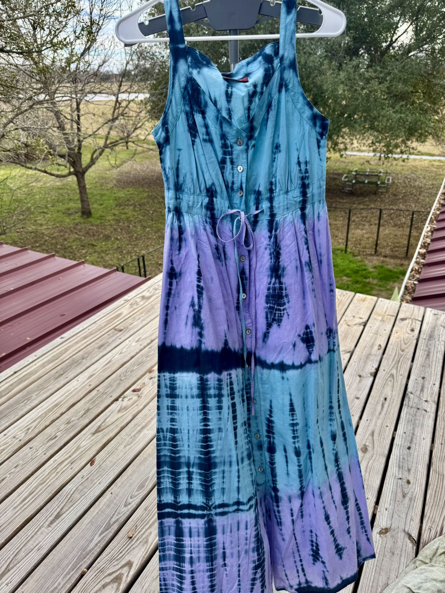 Bali Hawaii Blue Purple Tie Dye Midi Dress Women's Sz XS Button Front Tie Waist