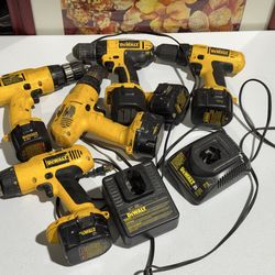 DeWalt Cordless Drill Lot - 5 Drills, 2 Chargers, 6 Batteries & Bag