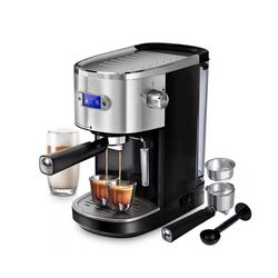 2-Cup Silver Stainless Steel All in 20-Bar Semi-Automatic Espresso Machine with Led Display and Steam Milk Foam