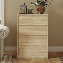 Homsee Modern 5 Drawer Nightstand with Flip Top Hidden Storage and NFC Lock Smart Bedside Table 31.5''L x 15.7''W x 45.3''H Wood Grain (KF200294-01HAA