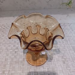 Vintage Amber Ruffled Glass Pedestal Dish