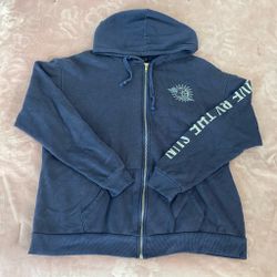 Women Navy Blue Zip Up Hoodie With Sun Design
