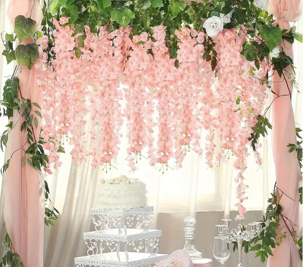 24 Pack(Total 86.4 Feet) Artificial Fake Wisteria Vine Rattan Hanging Garland Flowers String Home Party Wedding Decor (24, Light Pink) New sealed pac