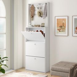 Shoe Rack, 3 Tier Shoe Storage Cabinet, Freestanding Tipping Shoe Shelves Organizer, White