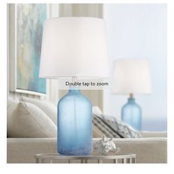 360 Lighting Coastal Table Lamps Set of 2 Frosted Sea Blue Glass White Drum Shade for Living Room Family Bedroom Nightstand