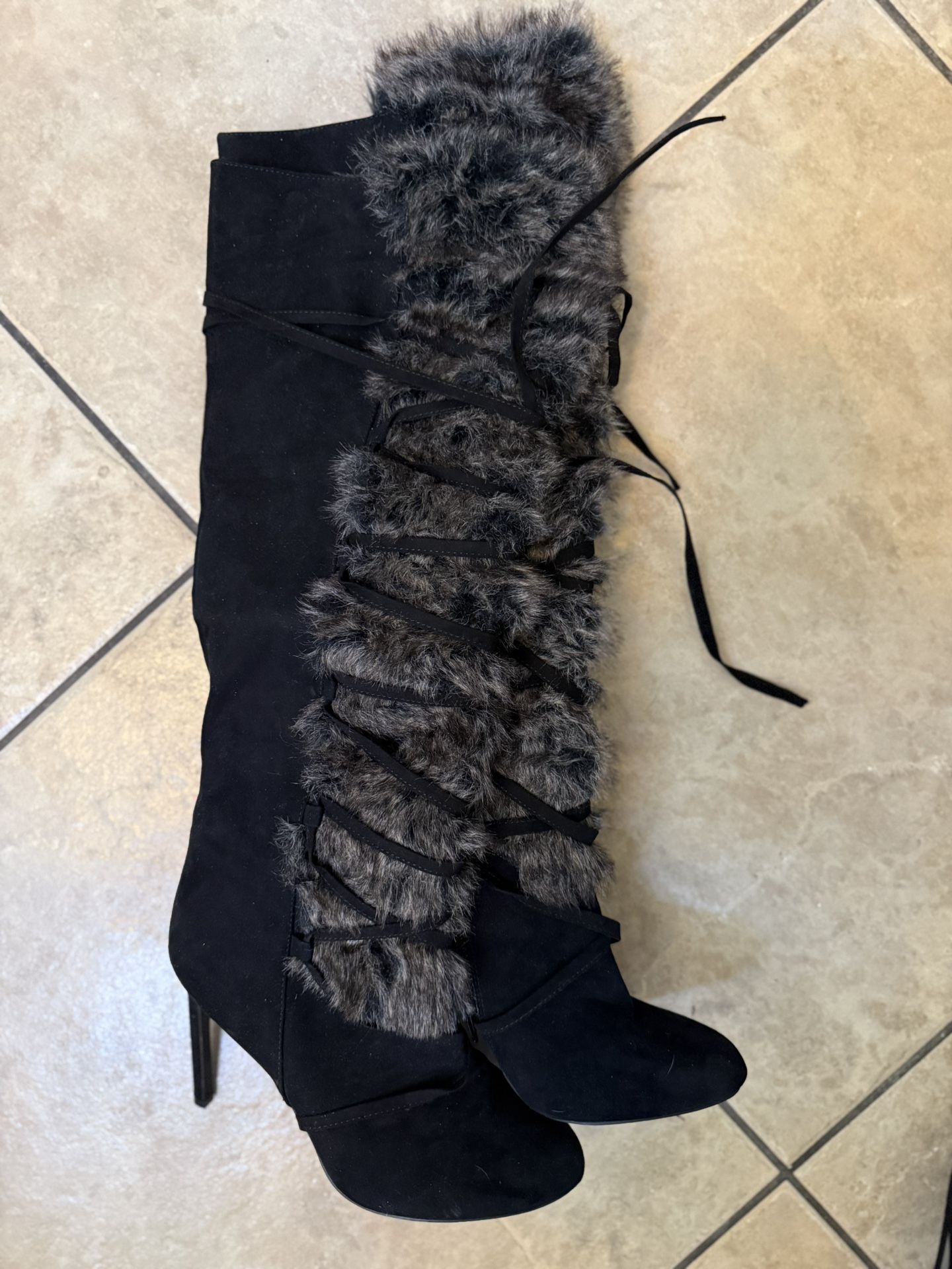 Black Fur Front Stiletto Boots With Ties