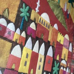 Lydie Egosi Judaica Folk Art large stitched tapestry gold framed autographed serigraph print 