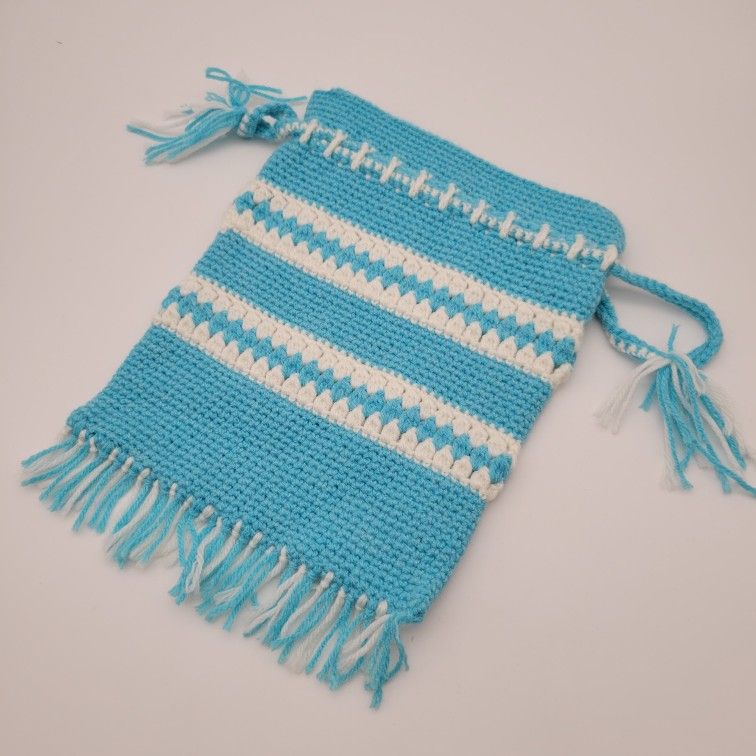 Vintage Fringed Knitted Drawstring Bag In Aqua/Teal Blue And White