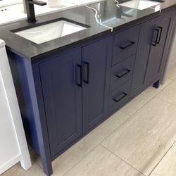 60” Bathroom Vanity Cabinet New Blue Color With Quartz Top Double 2 Sinks Ready For Pick Up Today Softclose Drawers Doors 