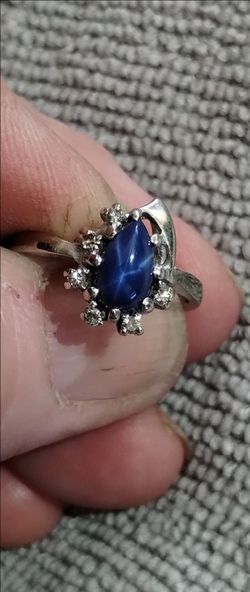 Genuine Blue Star Sapphire Ring with Diamonds~Halo Setting