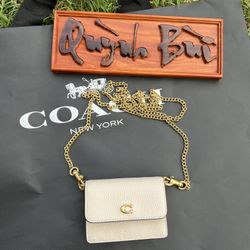 COACH Refined Calf Leather Logo Half Flap Silver Chain Card Case