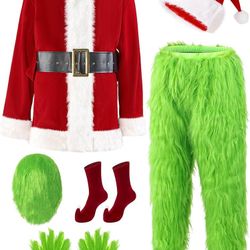 Christmas Green Furry Monster Santa Costume for Men 7 PCS Deluxe Adult Santa Suit Xmas Holiday Outfit Set Include Mask XL