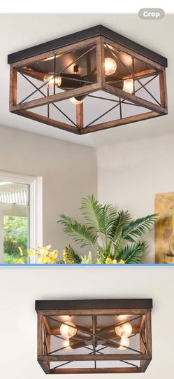 n 4-Light Rustic Wood Flush Mount Ceiling Light Metal Square Cage Farmhouse Lighting Close to Ceiling Light Fixture Black for Dining Room Bedroom Livi