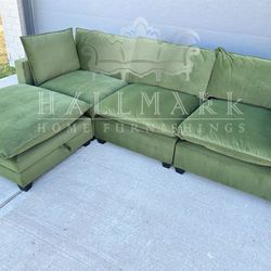 (FREE DELIVERY) New-in-Box Olive Velvet Cloud Couch Sectional + Storage Ottoman