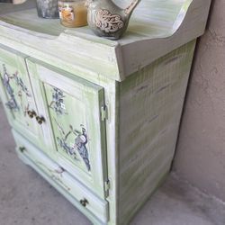 Pretty Vintage Cabinet In Light Sage Green With Peacocks Transfer Just Reduced 50%!!