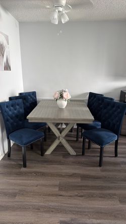 Grey Dining table  set w/  royal blue chairs