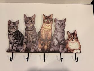 Cat Themed Wall Mounted Coat / Key / Leash Rack Holder Tabby Orange Cats 18.5” long by 12” high (bottom of hooks) and .5” deep
