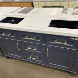 60 Inch navy blue bathroom vanity, white top and sink, vanidad de baño