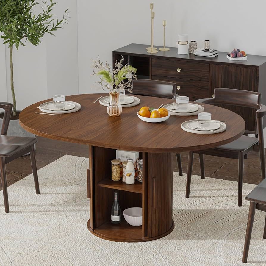 Round Table for 4 to 8,Round Pedestal Dining Table,Space Saving Dining Table,with Hidden Storage Design,Modern Farmhouse Style,Suitable for Dining Roo