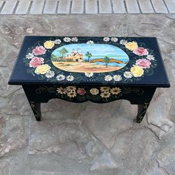 Vintage Hand Painted  Flowers Folk Art Table Foot Stool With Painting Inside