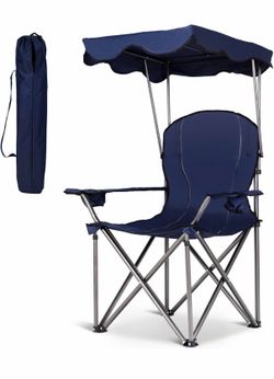 Portable Camping Chair with Canopy, Outdoor Lawn Chair with Shade, Carry Bag, Cup Holder, for Travel, Picnic, Beach (Blue