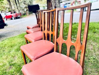 Broyhill Brasilia Walnut & Coral Vinyl Dining Chairs & Matching Brasilia Side Tables
