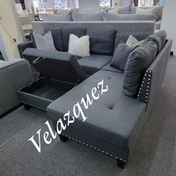 ✅️3 pc charcoal linen like fabric sectional sofa drop downchaise and ottoman nail head trim. 