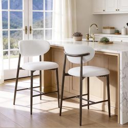 Set of 2 Beige Chenille Counter Height Bar Stools 26" Upholstered Kitchen Chairs