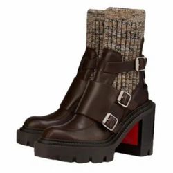 CHRISTIAN LOUBOUTIN CORTINETTA COLLEGE BROWN LEATHER BLOCK HEEL ANKLE BOOT 37.5