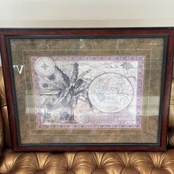 Cartography Map Palm Tree 🌴 Compass 🧭 Print with Lovely Wood Brown Tone Frame