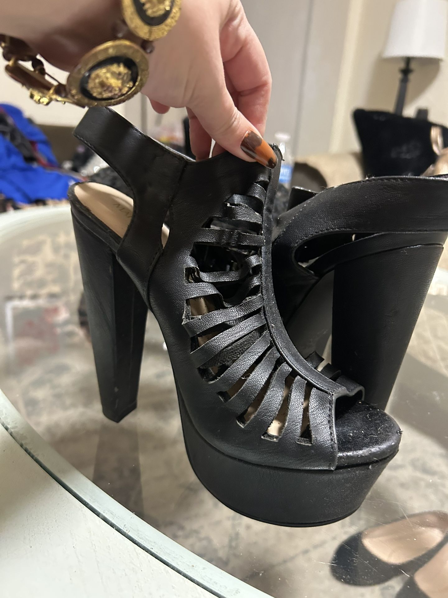 Black Double Platform Heels With Cutout Detail (SZ 8)
