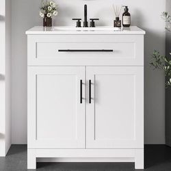 30" Bathroom Vanity with Sink, 1 U-Shaped Drawer & 2 Doors, White Freestanding Bathroom Vanity, Integrated Ceramic Sink, Soft-Close Doors & Drawer, Mo