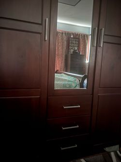 Dark Cherry Wood Wardrobe with Mirror and Drawers