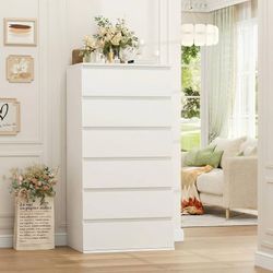 Assembled White Dresser, 6 Drawer Dresser, Modern Tall Floor Storage Cabinet with Metal Sliding Rail, Wooden Handleless Drawer Cabinet, 6-Layer Large 