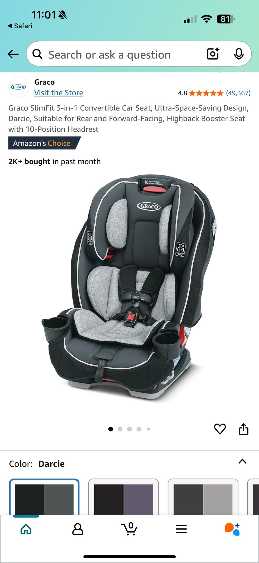 Graco SlimFit 3-in-1 Convertible Car Seat, Ultra-Space-Saving Design, Darcie, Suitable for Rear and Forward-Facing, Highback Booster Seat with 10-Posi