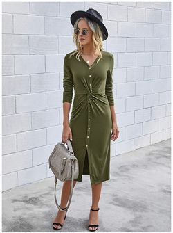 Long Sleeves Solid Twist Front Bodycon Dress Button Down Tunic Midi Long Dress