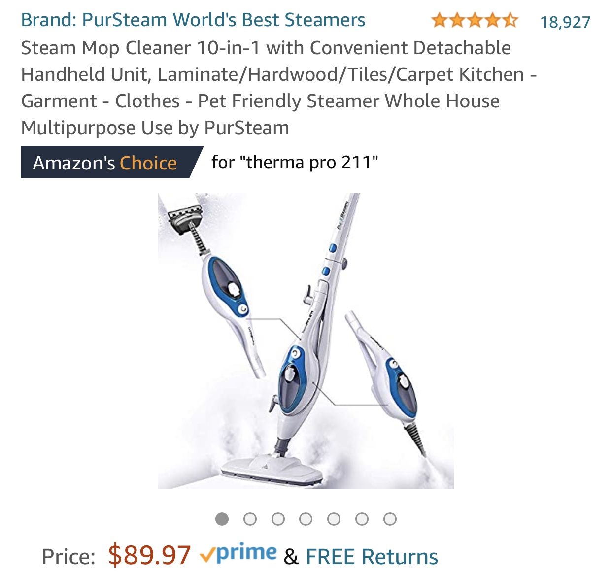 Steam Mop Cleaner 10-in-1 with Convenient Detachable Handheld Unit, Laminate/Hardwood/Tiles/Carpet Kitchen - Garment - Clothes - Pet Friendly Steamer