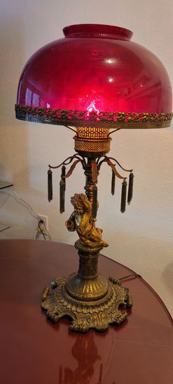Mid-century Cherub Parlor Table Lamp with Ruby Glass Shade