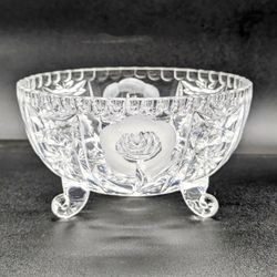 ANTIQUE FOOTED CRYSTAL BOWL W/ CUT & FROSTED FLOWERS 5" ROUND Starburst Bottom