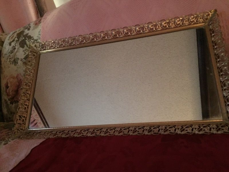 LARGE 22" x 12" RECTANGLE DRESSER MIRROR TRAY GOLD FILIGREE FRAME