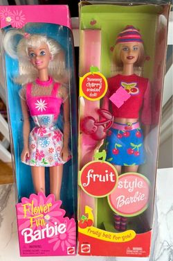 Vintage Mattel Barbie Set: 1996 Flower Fun & 2002 Scented Fruit Style Cherry-New-NRFB!